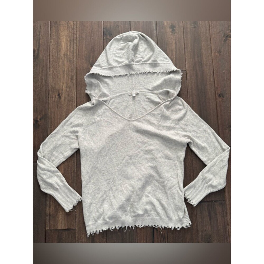 Minnie Rose Light Gray Distressed Hem Knit Hoodie S